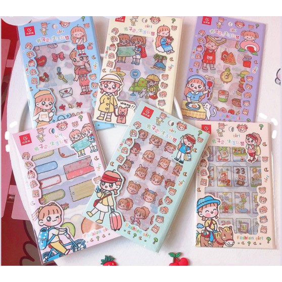 set Sticker cô gái 4 tấm nhũ vàng SSI2 sticker lọ nước hoa hoạt hình sticker trang trí