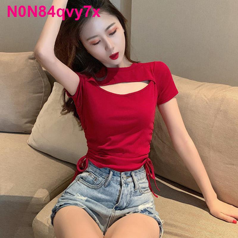 Slim Fit áo ngắn tay màu đỏ thun mùa hè 2020 nữ thời trang mới dây rút sexy lưới quần hàng đầu