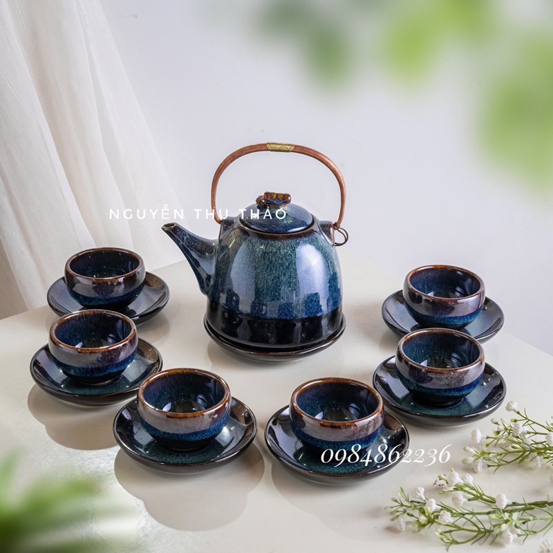 Bộ ấm chén men hoả biến lam đậm Bát Tràng- Bộ trà đẹp