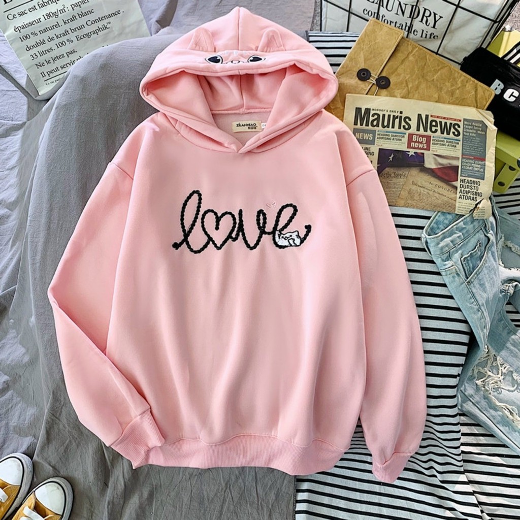 Áo hoodie Nữ thêu chữ Love, phối nón hình Mèo i hình - Hot trend 2021 | BigBuy360 - bigbuy360.vn