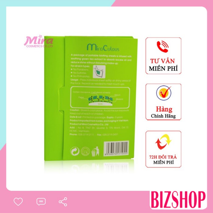 Giấy thấm dầu tinh chất trà xanh Mira Culous Oil Off Paper hàng chính hãng Hàn Quốc 80 tờ [Chính hãng]