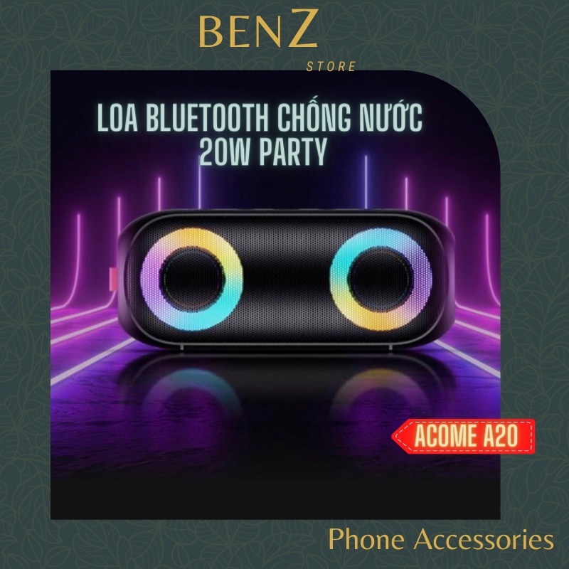 Loa Bluetooth LED Chống Nước IPX7 ACOME A20 Công Suất 20W - Hiệu Ứng LED RGD - Playtime 30H - BẢO HÀNH 12 THÁNG