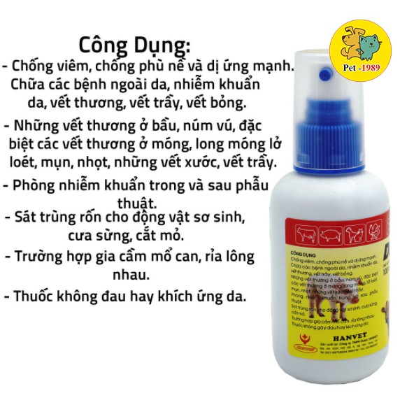 Dung Dịch Sát Trùng Derma Spray Hanvet Chai 100ml dùng cho chó mèo Pet-1989