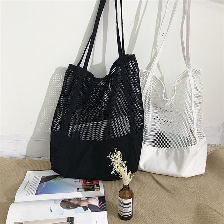 Túi đeo vai vải lưới canvas khoét lỗ sức chứa lớn đi mua sắm thời trang