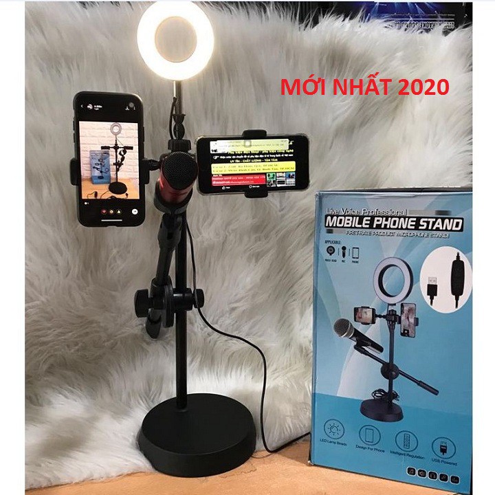 Đèn Live Stream 4in1 Để Bàn, Có Chân Đỡ Micro LivesTream Hai Điện Thoại - Bộ Giá Đỡ Điện Thoại Livestream 4in1