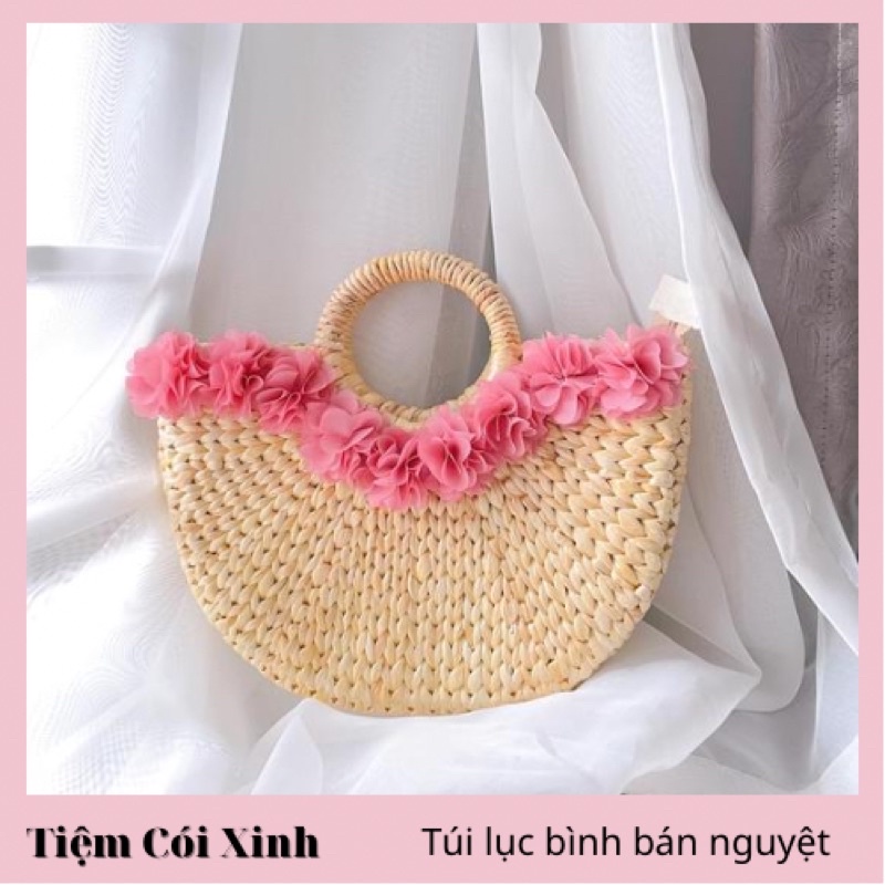 Túi Xách Cói Đi Biển Bán Nguyệt Giỏ Lục Bình Trang Trí Hoa Hồng Size 30cm TIỆM CÓI XINH