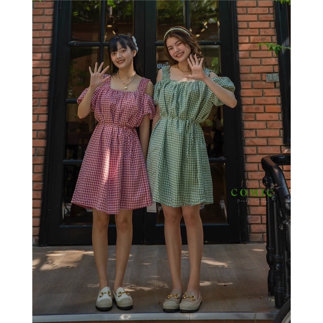 ĐẦM VÁY NỮ CARO GINGHAM TRỄ VAI COMIC