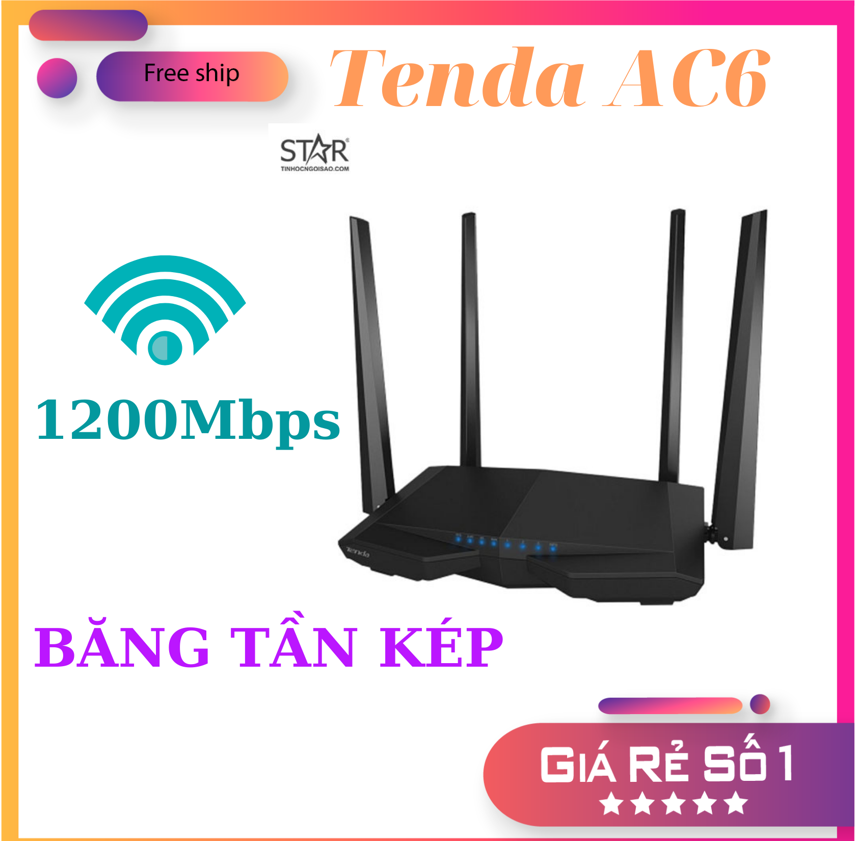 Bộ phát wifi Tenda AC6 4 râu băng tần kép chuẩn AC1200 Mbps sóng xuyên tường, router wifi tenda, Modem wifi tenda ac6
