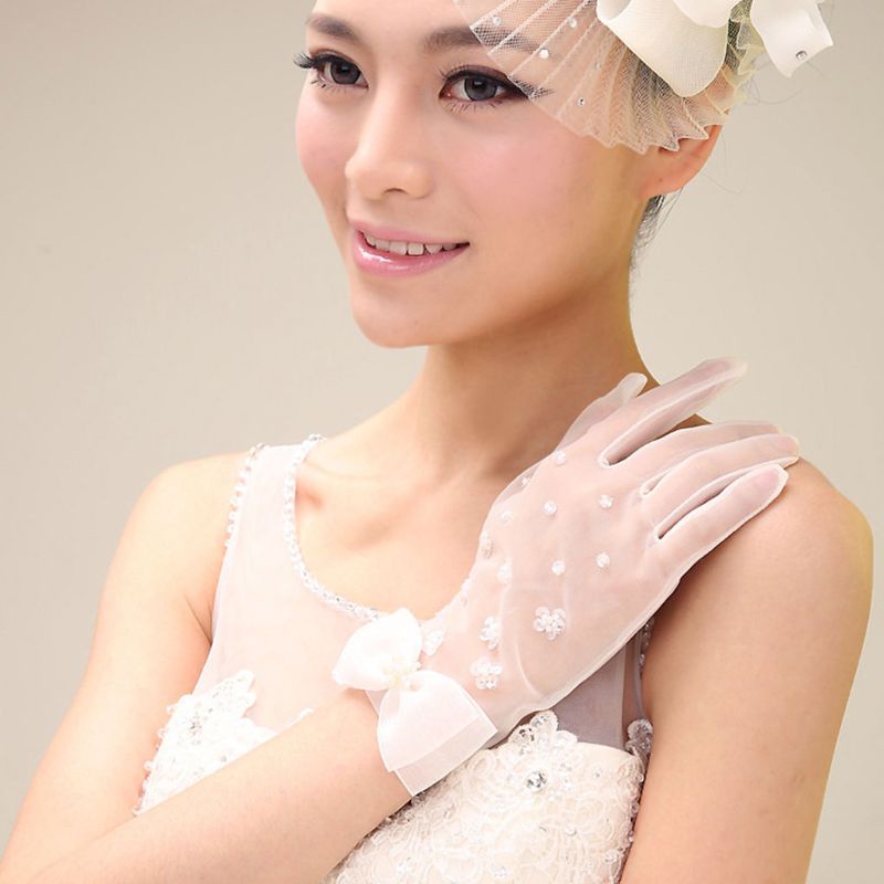Găng Tay Lưới Ngắn Đính Kim Sa Chống Nắng Cho Cô Dâu