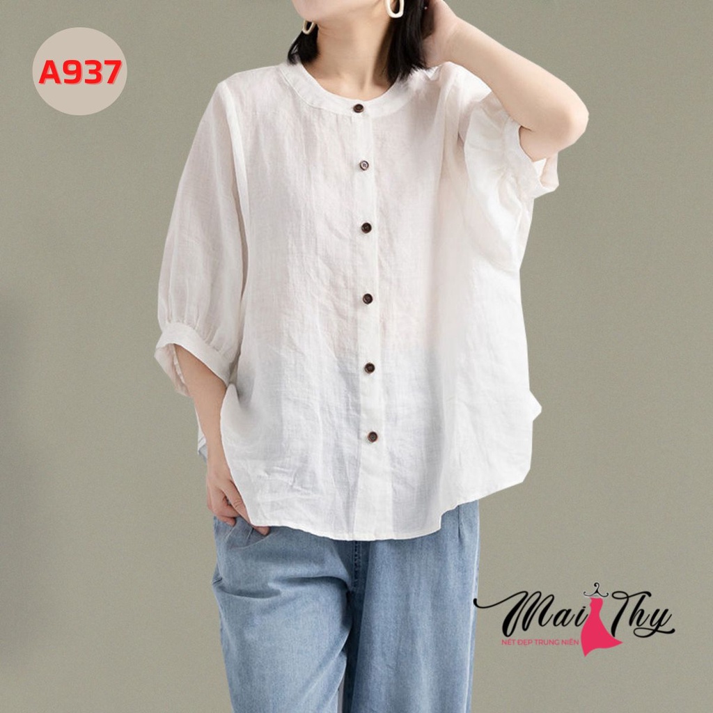 Áo Sơ Mi Nữ MAI THY 937 Bigsize đến 95Kg, Mẫu Áo Kiểu Đũi Tơ Cổ Tàu Tay Lỡ Mềm Mát Trẻ Trung | Thời Trang Trung Niên U30