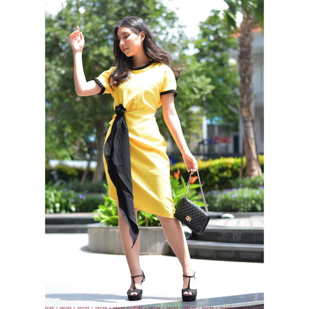 Đầm Pleated Neck Sleeve Black Band Yellow Dress HAVIAS