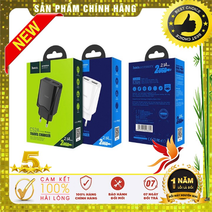 [Mã ELFLASH3 hoàn 10K xu đơn 20K] Cóc sạc HOCO C52A (2 USB, 2.1A