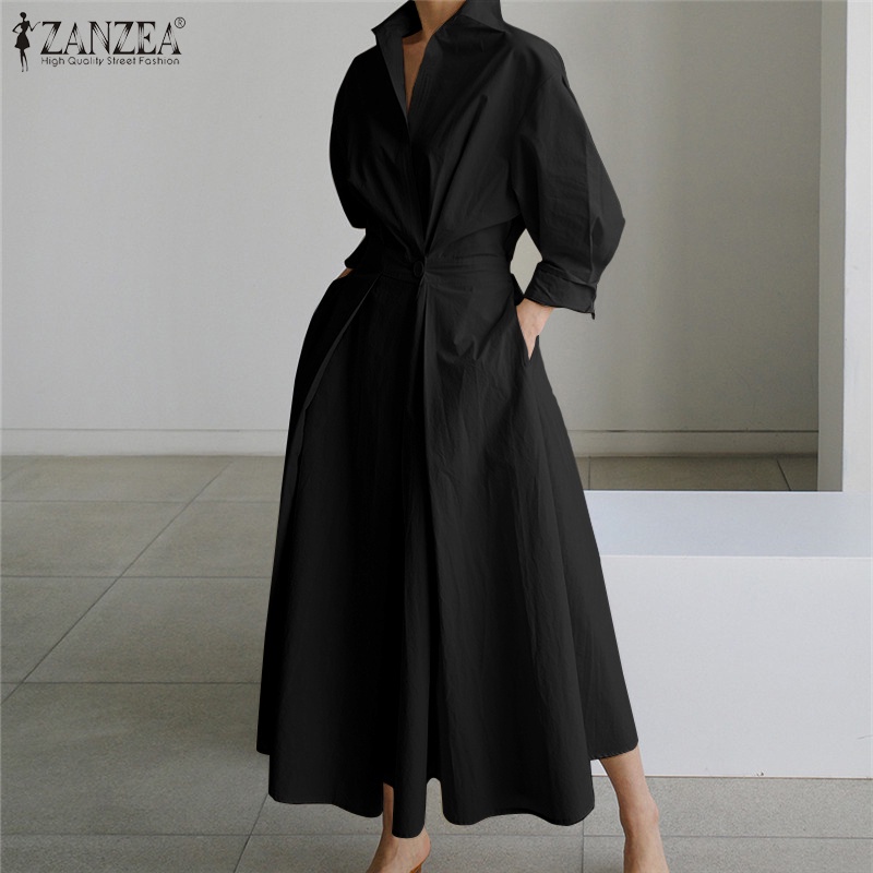 Đầm Maxi ZANZEA Eo Cao Màu Trơn Cổ Bẻ Tay Dài Cho Nữ