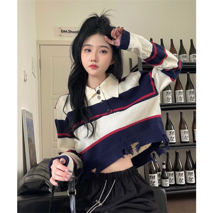 ZHELIHANGFEI Áo thun dáng ngắn tay dài kẻ sọc ngang thời trang cho nữ