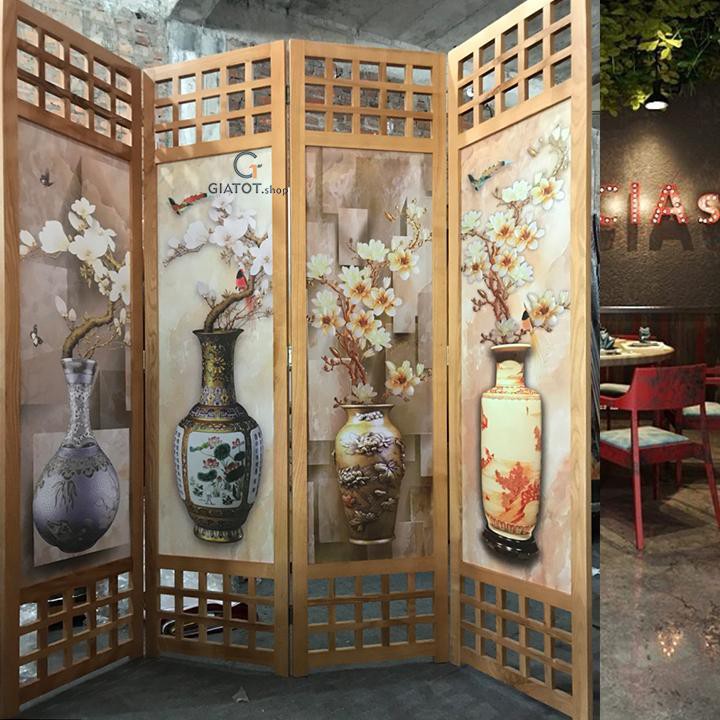 Bình phong vách ngăn bằng gỗ tự nhiên nền vải tranh tứ quý GT506