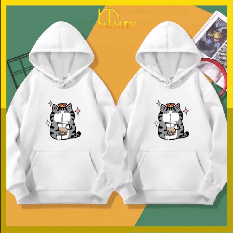Áo hoodie cặp in mèo hoàng thượng uống trà sữa (ms04)