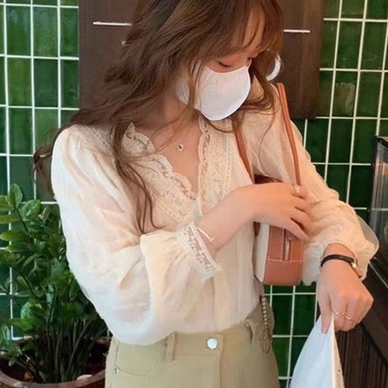 Áo Sơ Mi Dài Tay Cổ Chữ v Phối Ren Thời Trang