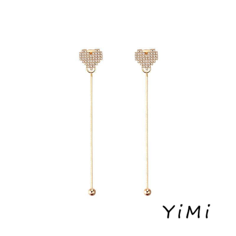 Khuyên tai dáng dài hình trái tim đính đá phối tua rua đơn giản cho nữ