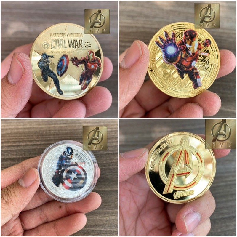 Đồng xu mạ vàng đồng Marvel Avengers lưu niệm loại dày cạnh răng cưa cực đẹp