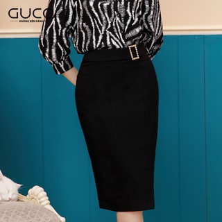 GUCO - Chân váy nữ công sở màu đen xẻ khoen eo CV125