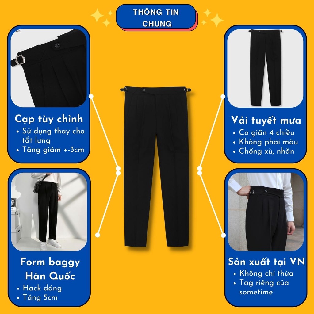 Quần Tây Âu Nam Cạp Cao SideTab Ống Suông Màu Đen Vải Co Giãn Hack Chiều Cao-V02