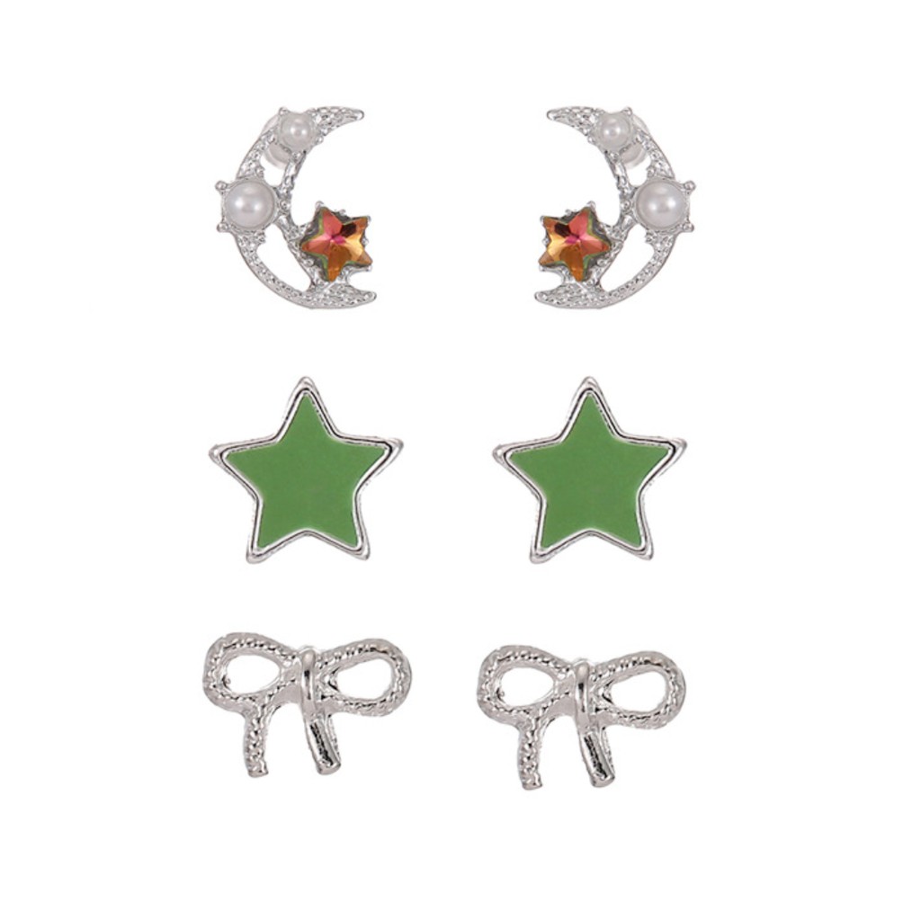 Set 3 Bông Tai Hạ Băng Designs Hoạ Tiết Ngôi Sao Đính Đá Phong Cách Hàn Quốc