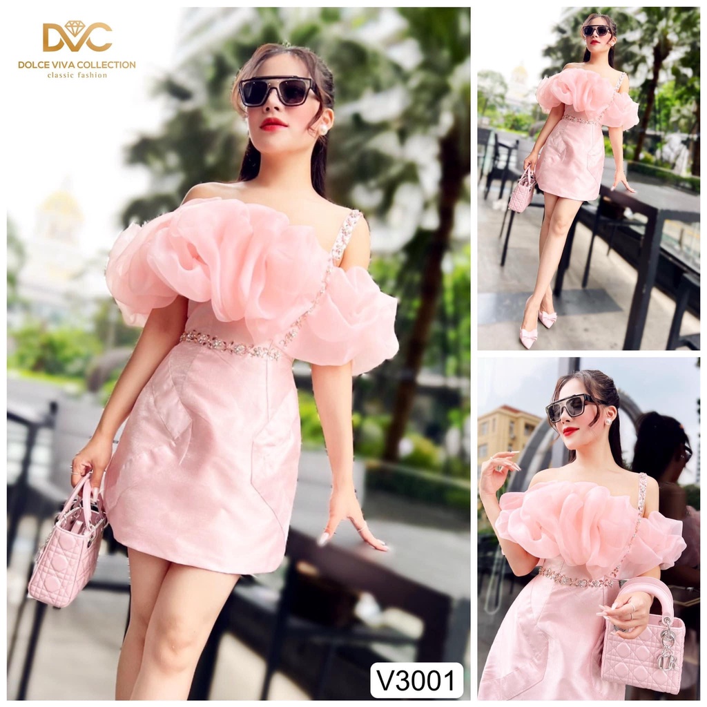 V3001 Váy hồng tafta  váy dáng A ngắn trễ vai dự tiệc -  Dolce viva colection