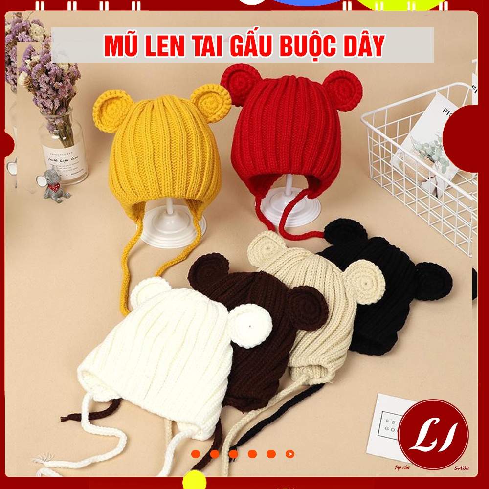 Mũ Len Tai Gấu Cho Bé Trai Bé Gái Có Dây Buộc 6-26 Tháng