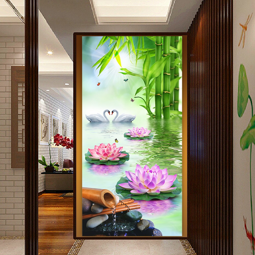 Bộ tranh đính đá 5D tự làm hình hình cặp thiên nga và hoa sen tuyệt đẹp treo trang trí kèm phụ kiện | BigBuy360 - bigbuy360.vn