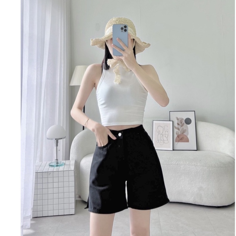 Quần short kaki nữ lưng cao, xẻ tà xinh xắn màu trắng đen