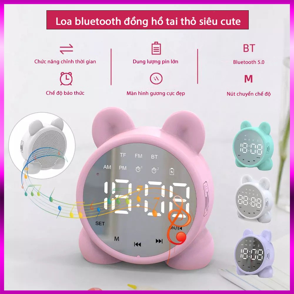Loa Bluetooth 5.0 Mini hình tai thỏ siêu dễ thương tích hợp màn hình đồng hồ hiển thị giờ, có báo thức kép