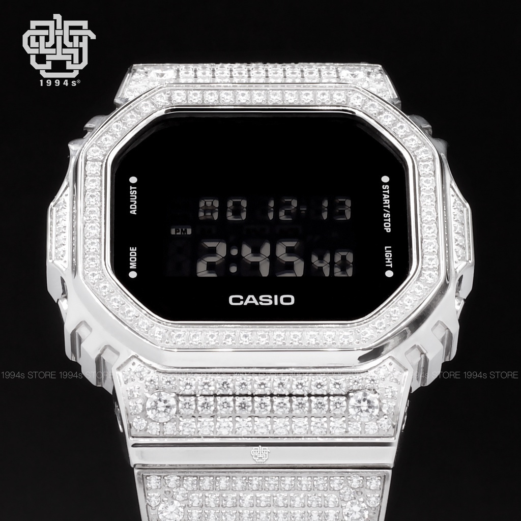 Đồng hồ nam Casio G-Shock DW-5600 custom dây &amp; vỏ thép đính đá, chống va đập, hàng chính hãng