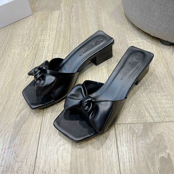 Dép guốc quai ngang nơ to gót trụ 3p mũi vuông, DD-294, Giaydepxinh.dangmi