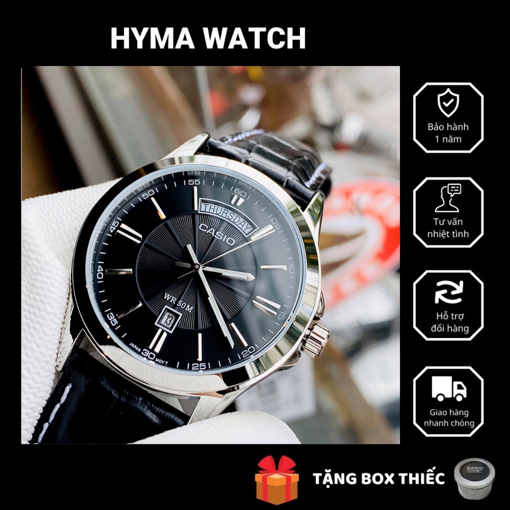 Đồng hồ nam dây da mặt đen Casio MTP 1381L-1AV chống nước 5ATM size 39mm Bảo hành 1 năm Hyma watch