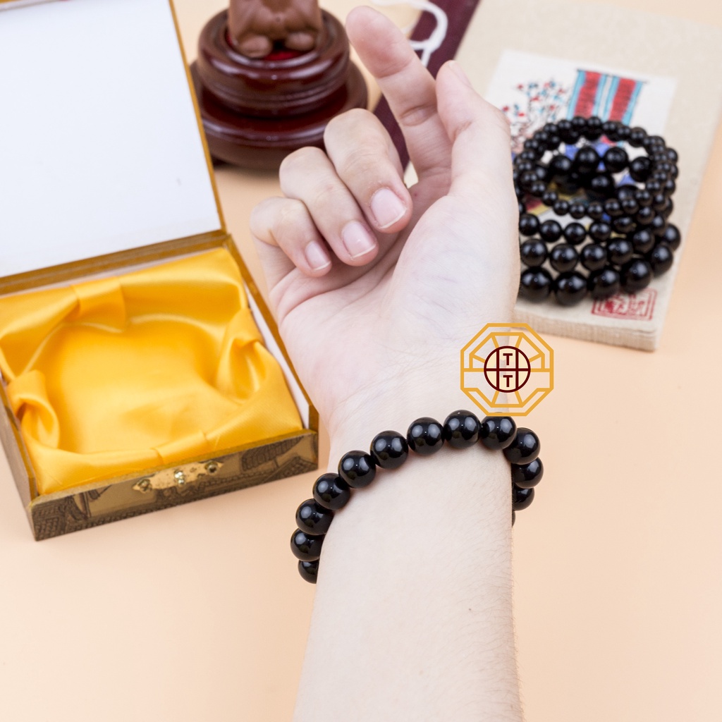Vòng tay phong thủy đá MNao Đen may mắn tài lộc bình an nam nữ mệnh Thủy Mộc - Tặng hộp gỗ cao cấp - Phong Thủy Tây Tạng