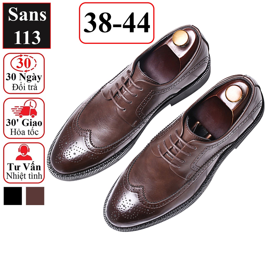 Giày oxford nam da bò thật cao cấp Sans113 giầy tây công sở đen nâu mũi tròn âu buộc dây chú rể cưới derby wingtip