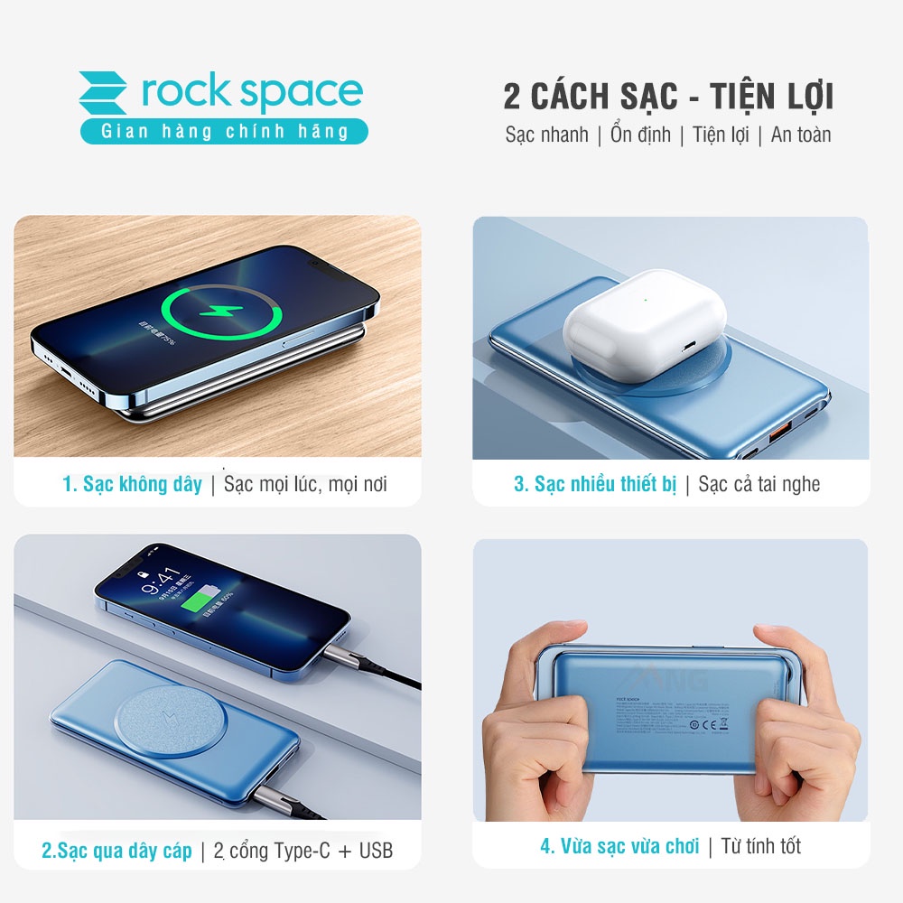 Pin sạc dự phòng không dây Rockspace P88 sạc nhanh PD 20W dung lượng 10000mAh, sạc nhanh cho ip12, ip13 Hàng chính hãng