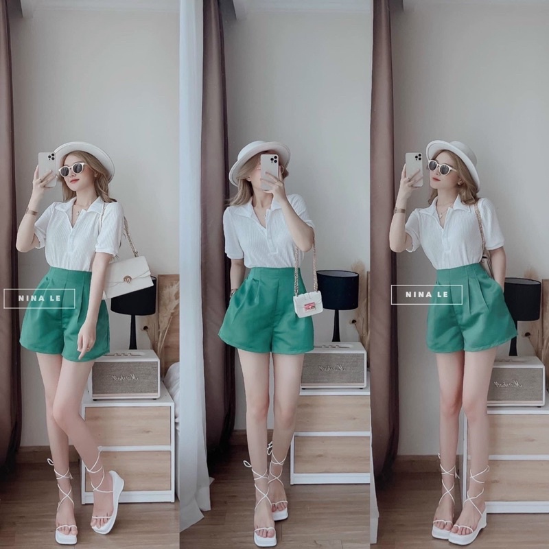 Set Áo Trắng Polo Lỗ Mix Quần Tacta Xanh (Hàng Loại 1) Freeship, Áo Trắng Cổ Polo