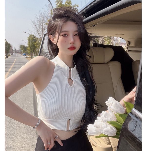 QKOOLE Áo croptop dệt kim không tay phong cách Hàn Quốc thiết kế quyến rũ cho nữ