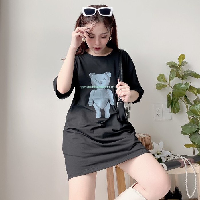 Áo phông nữ form rộng tay lỡ unisex co giãn chất cotton mềm mát in hình gấu cá tính hàng Quảng châu AP04