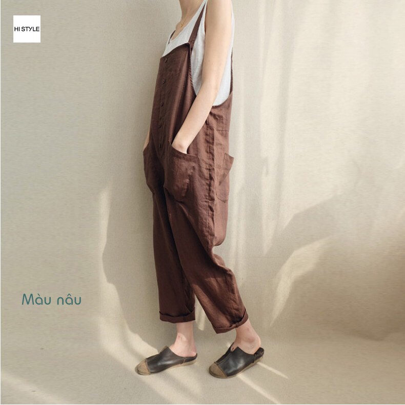 Yếm nữ quần yếm cotton linen casual phong cách Vintage Rentro form rộng rãi, quần yếm Ulzzang form thụng Unisex