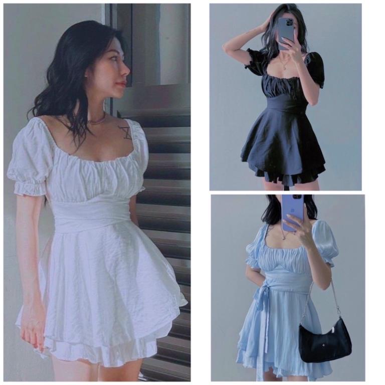X2 Đầm trắng ngắn xòe trễ vai cổ nhúng ngực tay ngắn dự tiêc (kèm hình thật) tasa