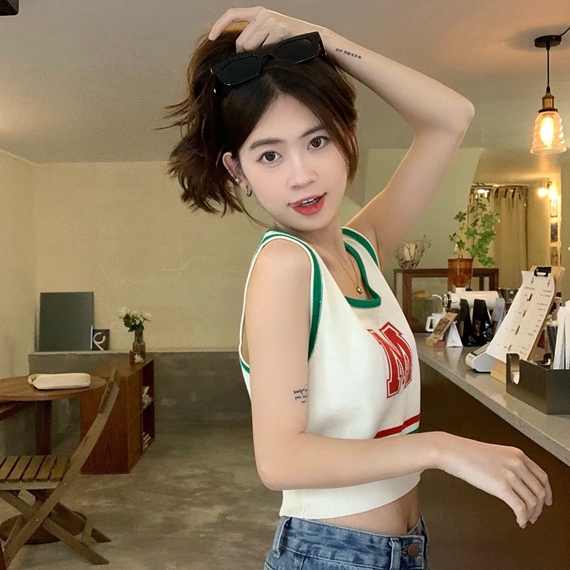 Áo Dệt Kim Sát Nách Thêu Chữ Phối Màu Tương Phản Kiểu Retro Thời Trang