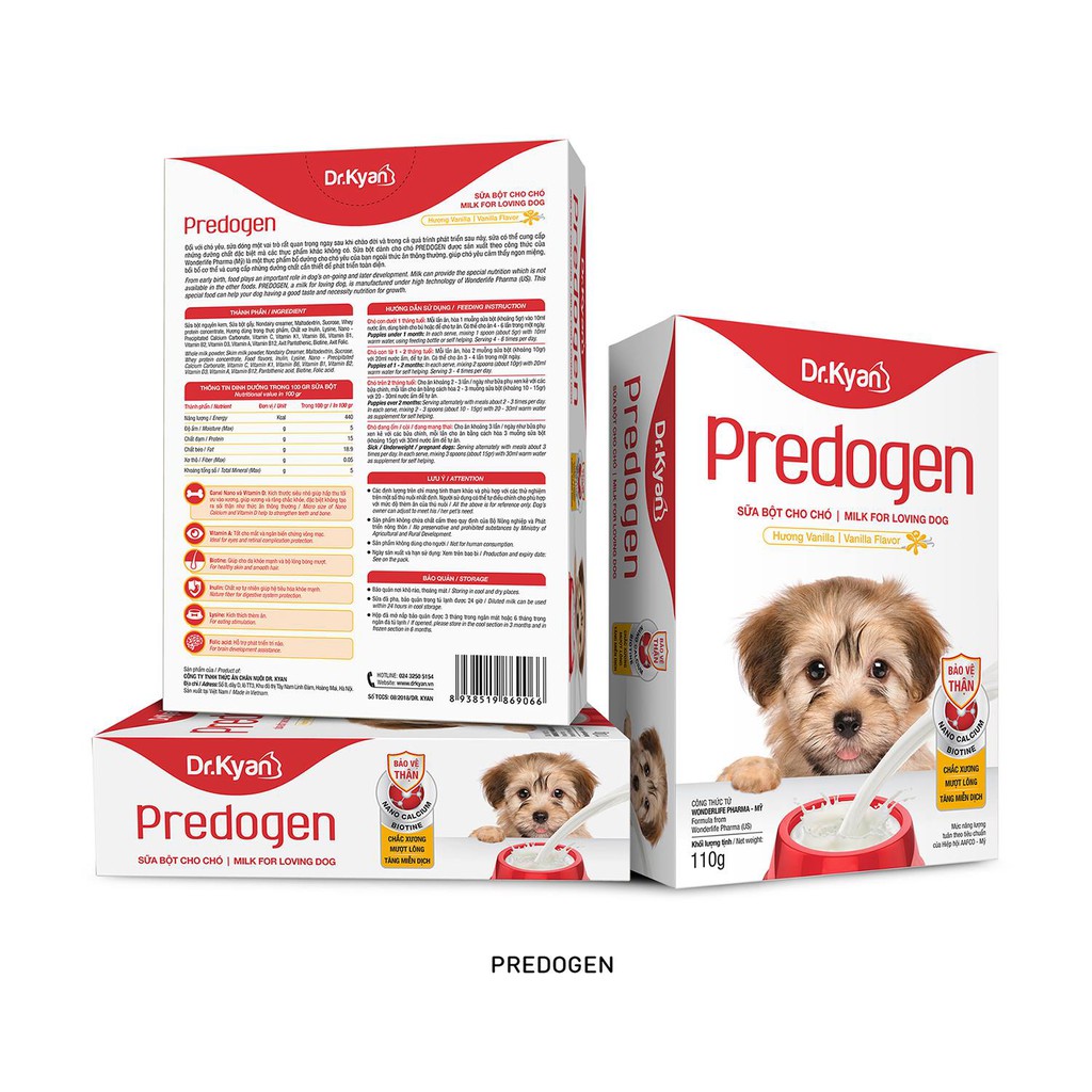 Sữa bột cho chó con, chó sơ sinh, chó mang thai  dr.kyran predogen hương vani gói 110g và lon 400g