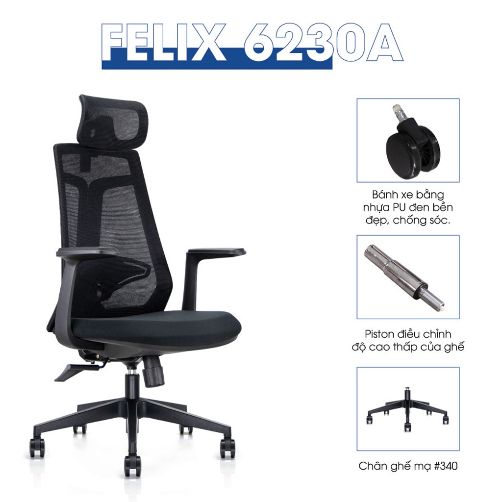 Ghế xoay văn phòng công thái học GOVI Felix F6230A - Tựa đầu điều chỉnh, tựa tay cố định