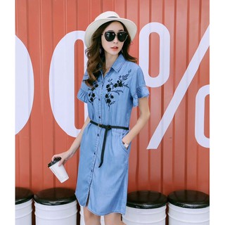 Đầm suông jean thêu hoa đen an3013