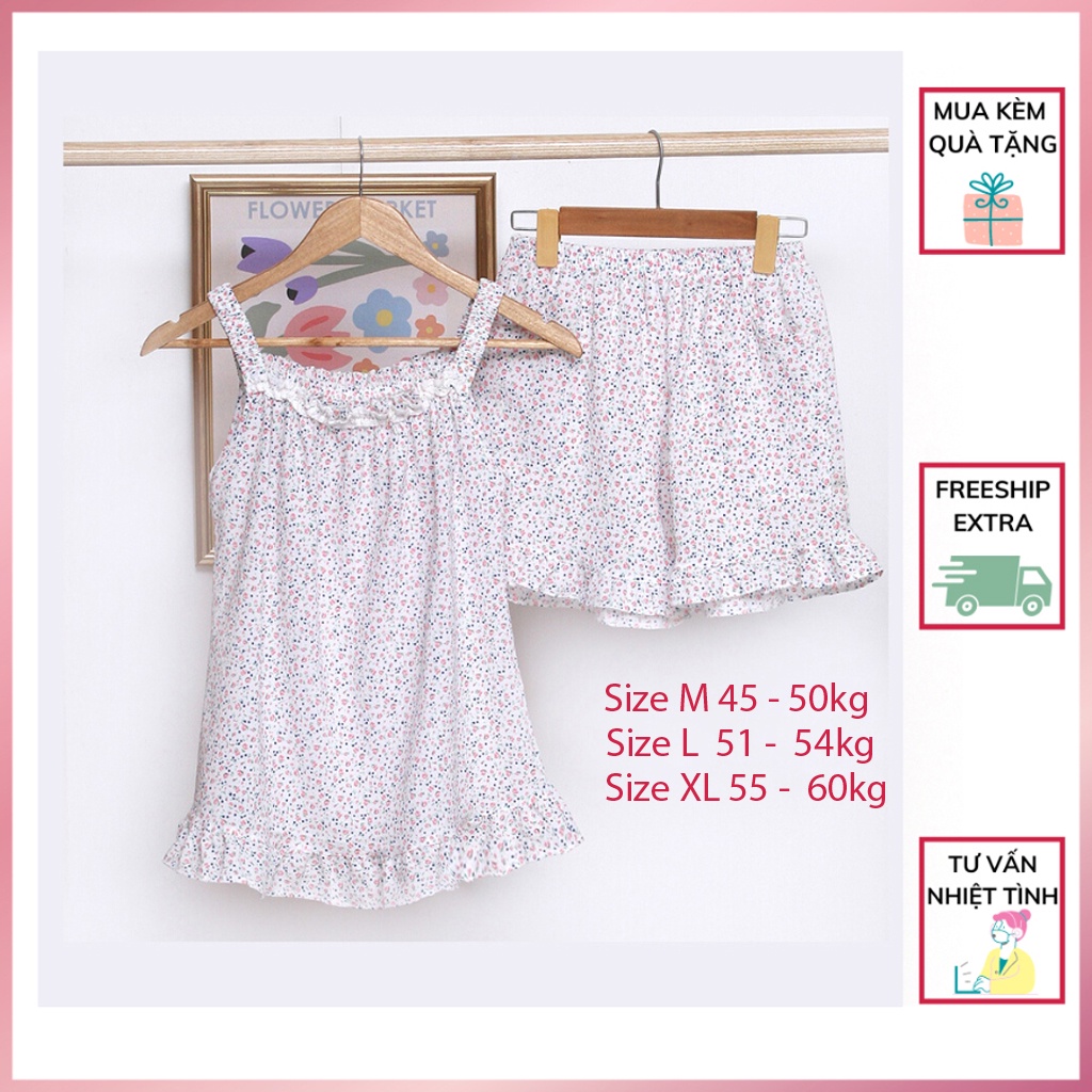 Đồ ngủ nữ mặc nhà 2 dây chất vải xốp gạo hoa nhí dễ thương bộ đùi size M-L-XL mẫu thiết kế của shop
