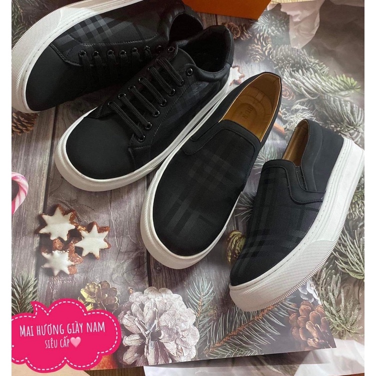 Giày thể thao nam burberry đen buộc dây . Giày lười slipon buberry kẻ đen siêu cấp kèm hộp