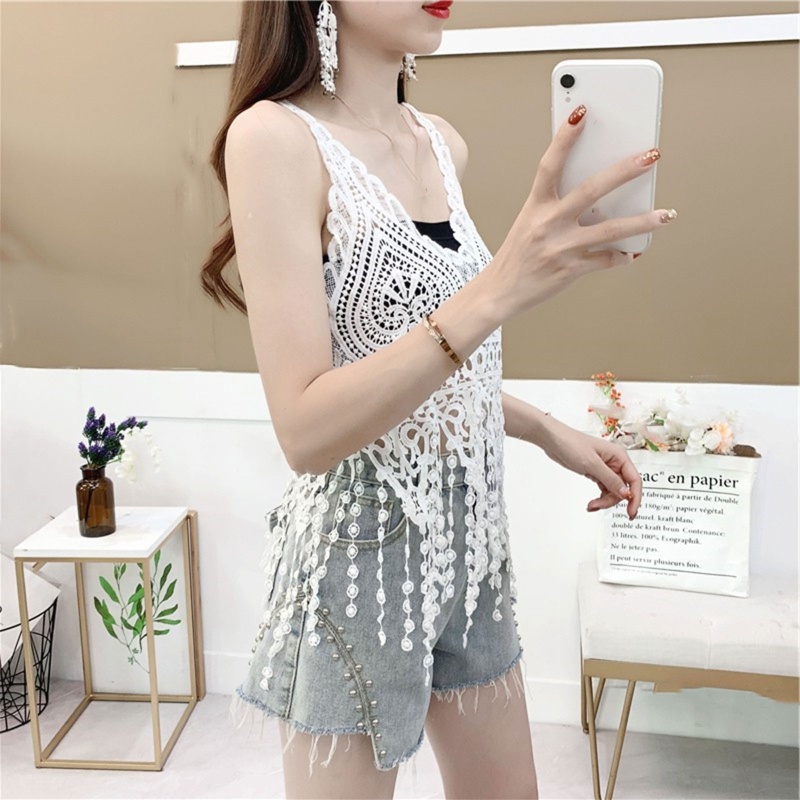 Áo Tank Top Tua Rua Dài Không Đều Màu Trơn Kỳ Nghỉ Cho Nữ
