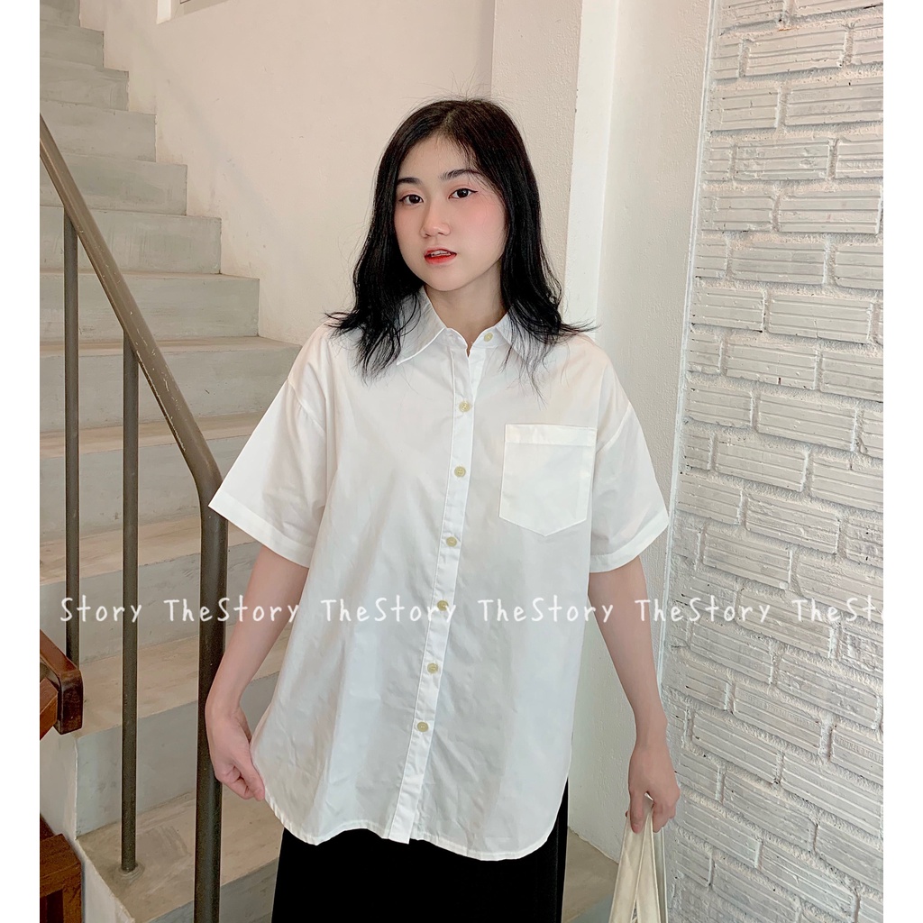 Áo sơ mi nữ tay ngắn oversize, sau lưng gài nút  A2152